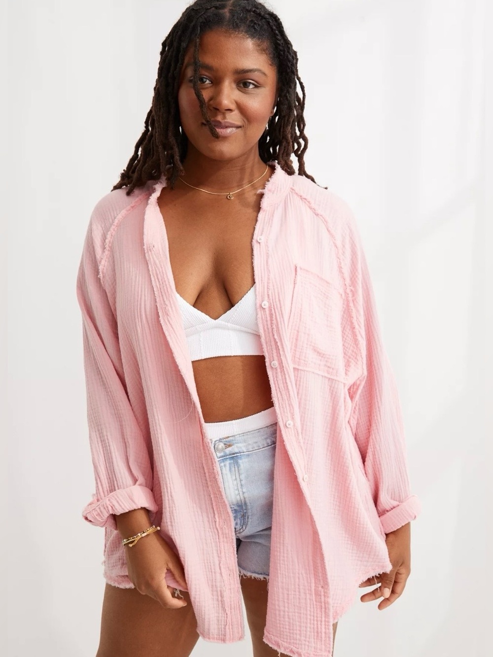 Aerie Gauzy Cover Up Top Cotton L Beach Swim Pink Cruise Resort Camping Boho
